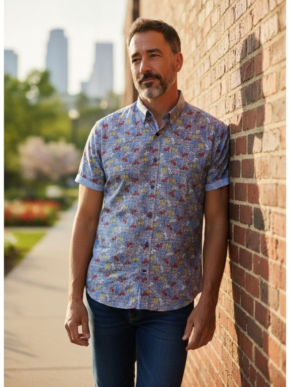 Johnston & Murphy Mens Bicycle Print Blue Short Sleeve Button-Up Shirt M Cotton